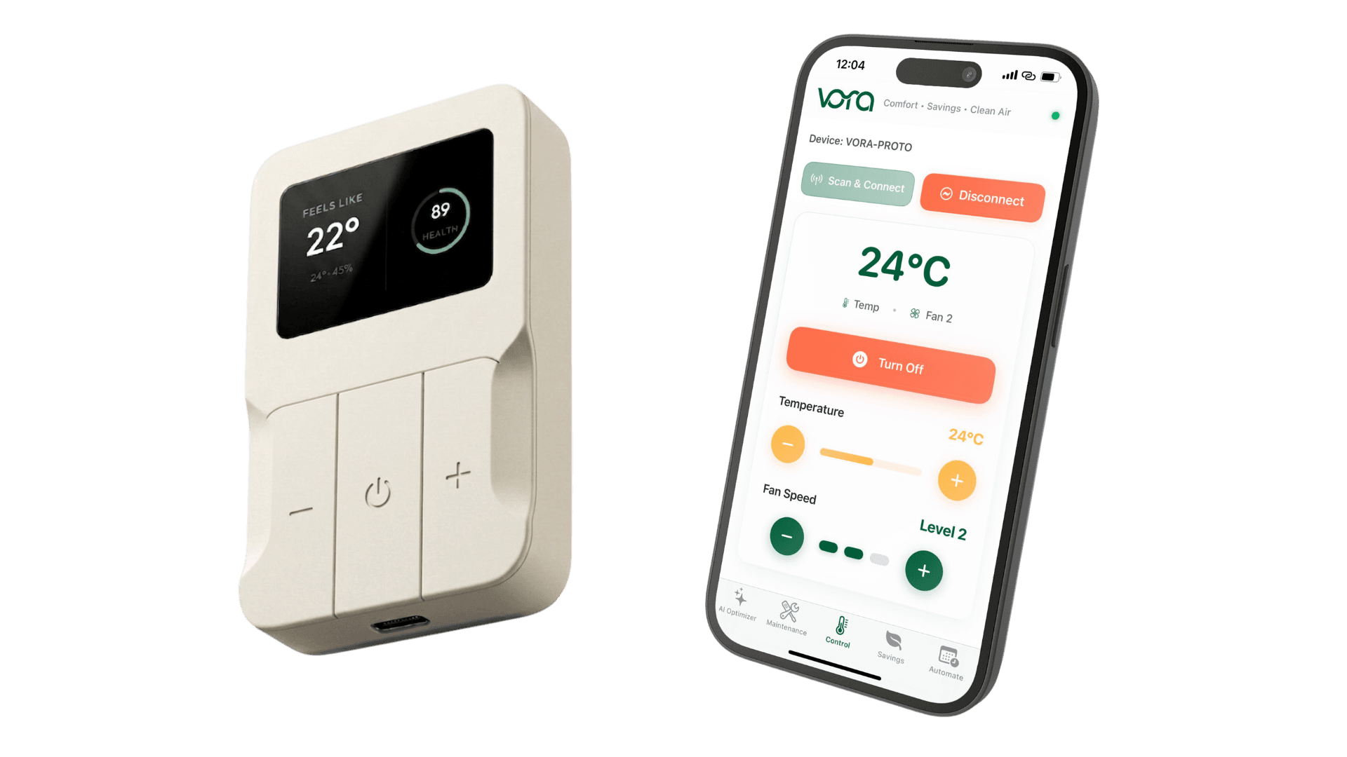 The Vora device, showing 22 degrees feels-like temperature and an 89 health score on its display