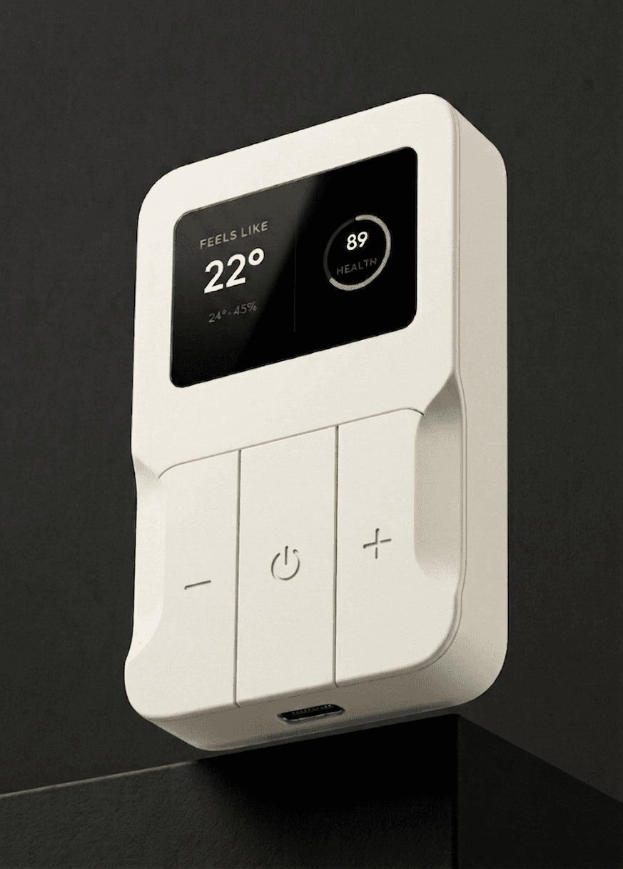 The Vora device mounted on a wall, displaying 22 degrees feels-like temperature and an 89 health score.