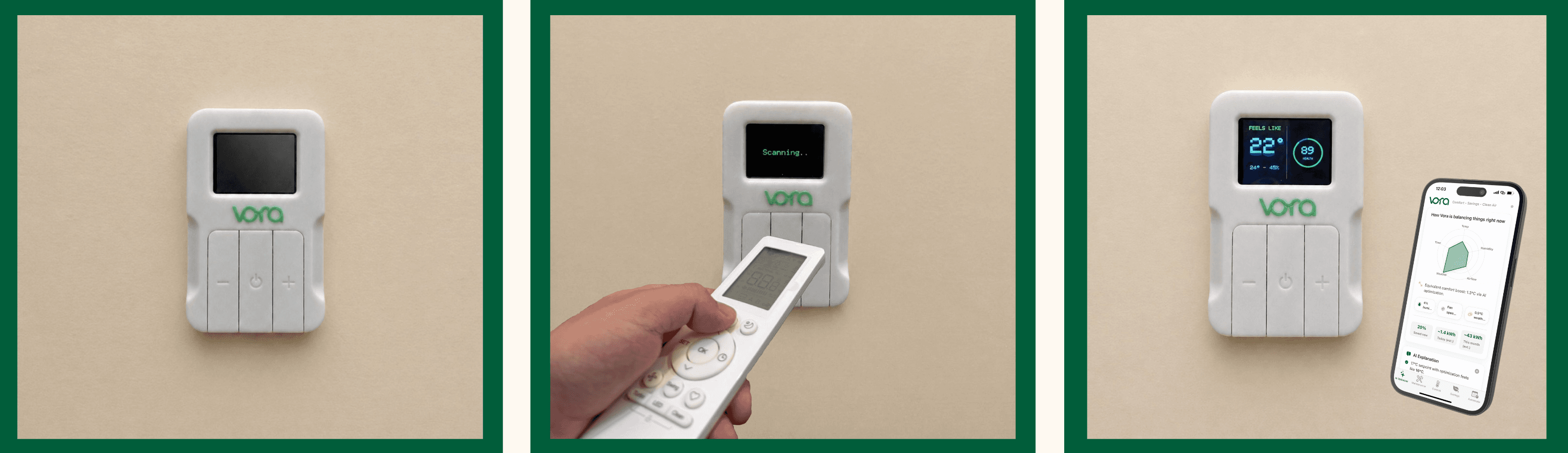 Three steps to set up Vora: mount the device, point your AC remote at it to pair, then control everything from the Vora app