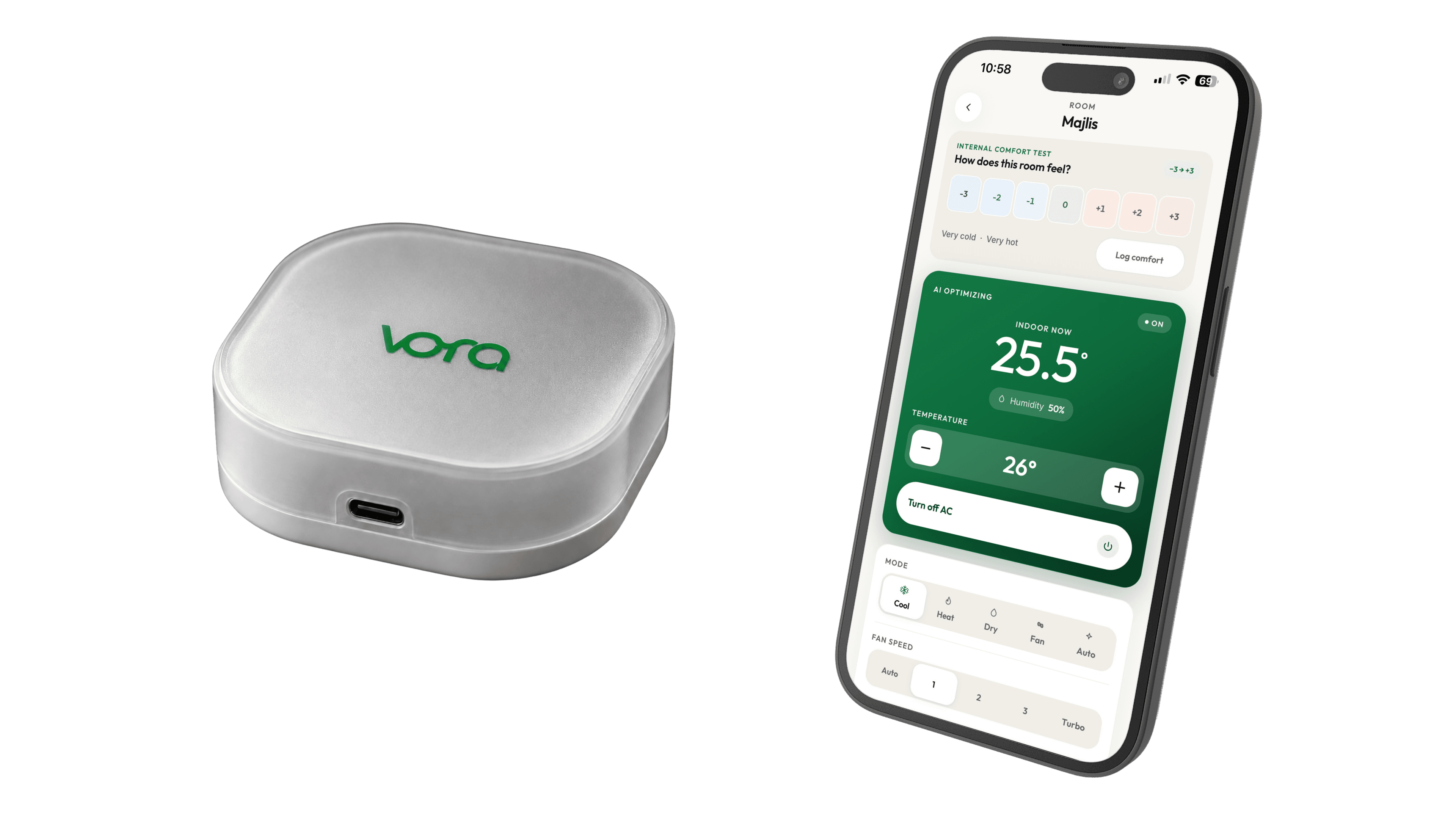 The Vora device: a palm-sized unit that sits near an air conditioner and controls it over infrared